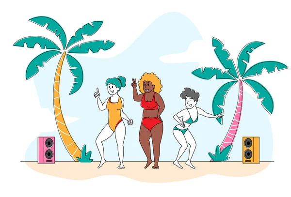 Strandfeest, Body Positive Concept. Groep van jonge gelukkig slank en overgewicht multiraciale meisjes personages dansen of ontspannen — Stockvector