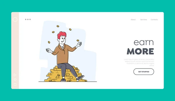 Plantilla de landing page de riqueza y prosperidad. Rico personaje masculino malabares con monedas de oro sentado en la pila de barras de oro — Vector de stock