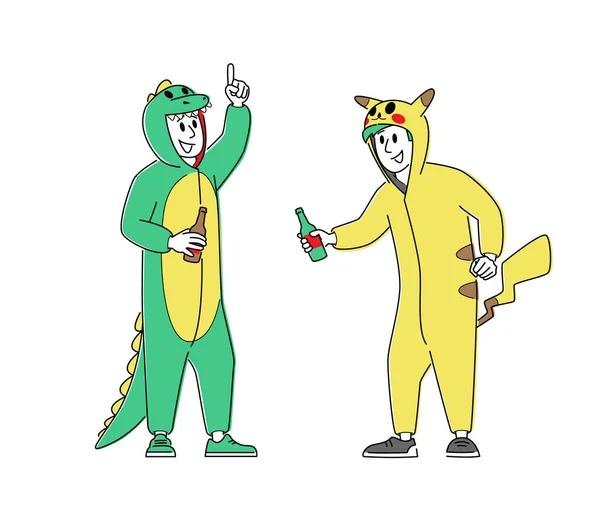 Spotkanie przyjaciół, koncepcja imprezy kostiumowej. Młode postacie w zabawnej piżamie brzęczące butelki z alkoholem Drink Have Fun — Wektor stockowy