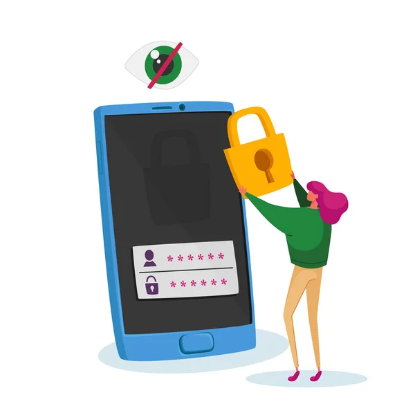 Tiny Woman Character Stand at Huge Mobile Phone Put Padlock on Screen with Password and Login Identification Information — 스톡 벡터