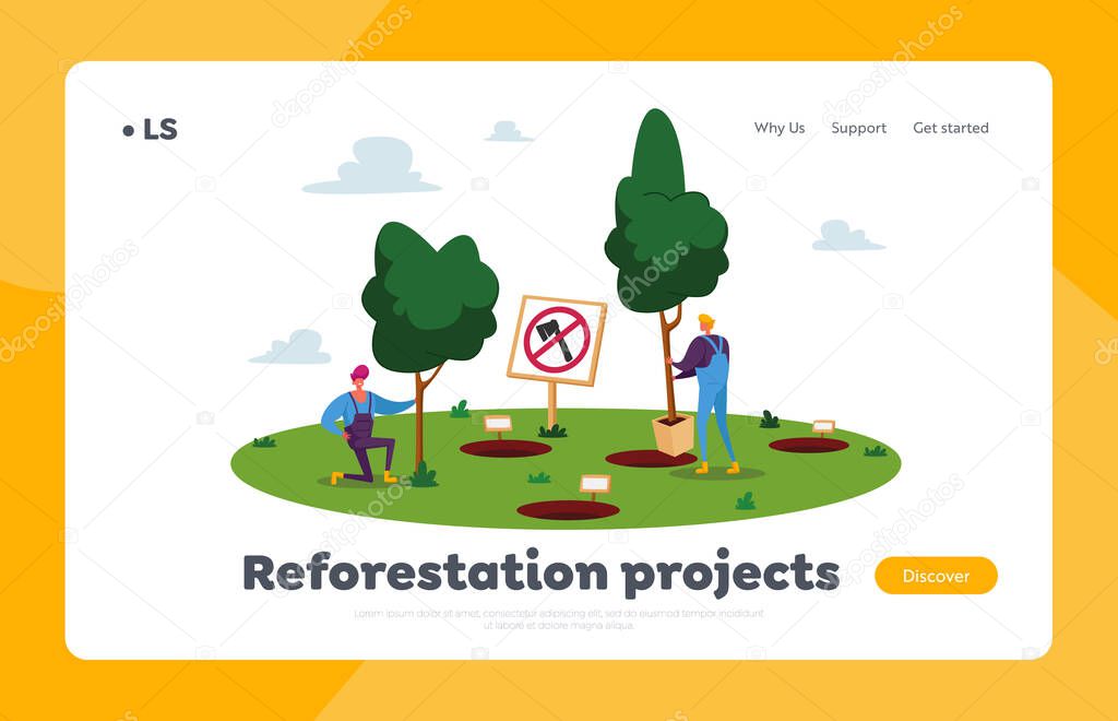 Nature, Environment and Ecology Landing Page Template. Male Characters Planting Trees into Soil in Garden, Save World