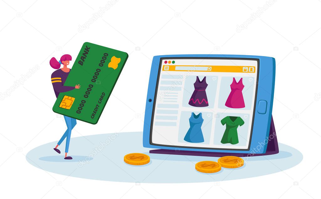 Online Shopping, Wireless Payment Concept. Tiny Female Customer Character with Credit Card Buying Goods at Huge Gadget