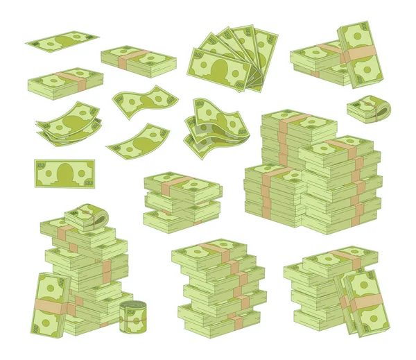 Set of Money Isolated on White Background. Packing and Piles of Dollar Banknotes, Green Paper Bills Stacks and Fans — Stock Vector