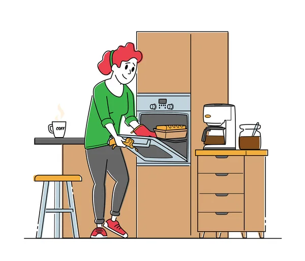 Baking Culinary Experience, Housekeeping Duties and Home Chores. Woman at Household. Female Character Cooking Bakes — Stock Vector