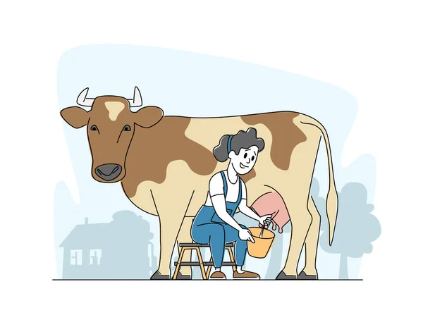 Melkmeisje vrouw in uniform zit op stoel en melkt koe in emmer. Melk en zuivelproducten Landbouwproductie — Stockvector