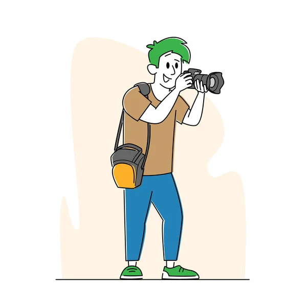 Professionele fotografe met fotocamera en tas op schouderfoto. Cameraman Expert Job, Creatieve Hobby — Stockvector