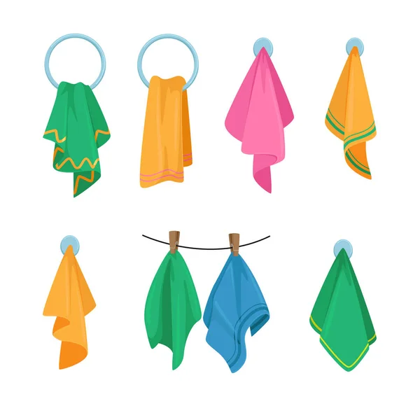 Set de Iconos Toallas Colgando en Gancho, Anillo y Cuerda. Tela elegante colorida del baño y de la cocina, textil esponjoso doblado — Vector de stock