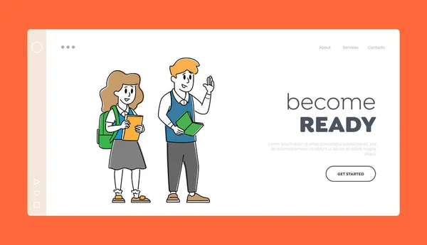 Happy Classmates Girl and Boy Landing Page Template (em inglês). Crianças Alunos Personagens em uniforme com mochila e livros didáticos — Vetor de Stock