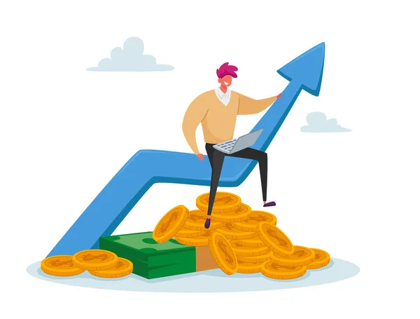 Tiny Business Man in Casual Clothing Work on Laptop Sitting on Huge Growing Arrow with Coins and Banknotes bottom — стоковий вектор