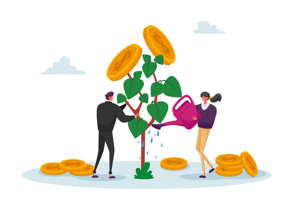 Business Man and Woman Characters Watering Money Tree, Growing Wealth Capital for Refund Care of Plant with Gold Coins — Stock Vector