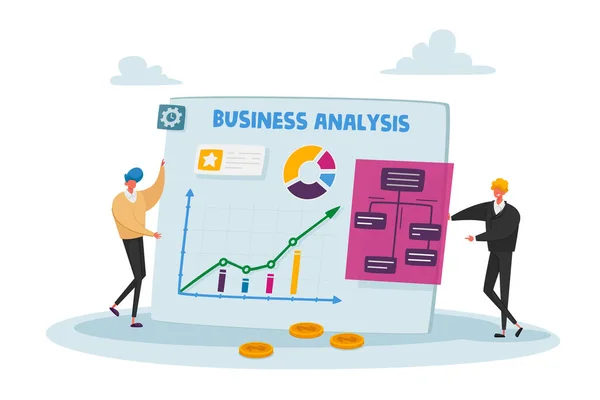 Personages van zakenmensen bij Enorme Statistieken Grafiek, Office Employees Data Analysis, Project Management, Consulting, Marketing — Stockvector