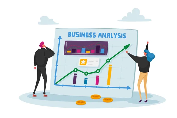 Personages van ondernemers, Gegevensanalyse van kantoormedewerkers, Projectmanagementapp, Consulting, Social Media Marketing — Stockvector