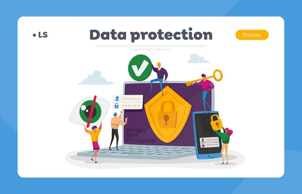 Privacy Protezione dei dati, Internet Virtual Private Network Landing Page Template. Personaggi minuscoli intorno al computer portatile enorme — Vettoriale Stock