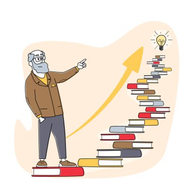 Kişisel Gelişim, Zihinsel Sorunlar Geliştirme, Başarı Merdiveni. Erkek Karakter Kitap Merdivenlerinde Tepesinde Ampulle Tırmanır.