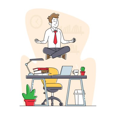 Sakin İşadamı Karakteri Ofisi 'nde. İşyerinde meditasyon yapan bir işçi. Rahat İşadamı ya da Havada Yükselen Çalışan