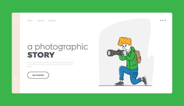 Paparazzi Karakteri İniş Sayfa Şablonu. Kadın Fotoğrafçı, Sırt çantalı Turist ve Fotoğraf Makinesi Çekimi