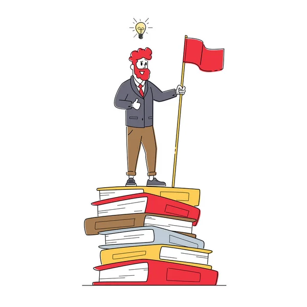 Muž postava na vrcholu obrovské knihy hromádka s červenou vlajkou. Vlastní rozvoj, rozvíjející se duševní problémy, žebříček k úspěchu — Stockový vektor