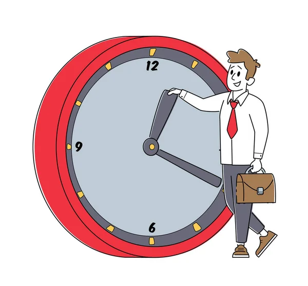 Businessman Stand at Huge Alarm Clock. Time Management, Procrastination, Lack of Time, Work Productivity, Deadline — Stock Vector