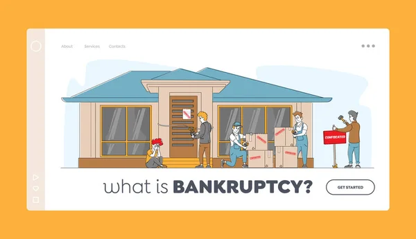 Bankruptcy, Property Confiscation Landing Page Template. Frusztrált, csalódott Női Sírás előtt Home Door — Stock Vector