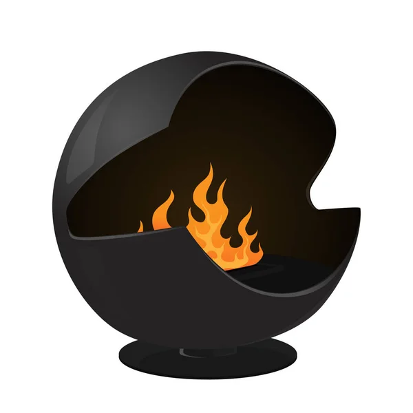 Современный камин с биотопливом, железная плита формы сферы с горящим огнем внутри. Современная система внутреннего отопления — стоковый вектор
