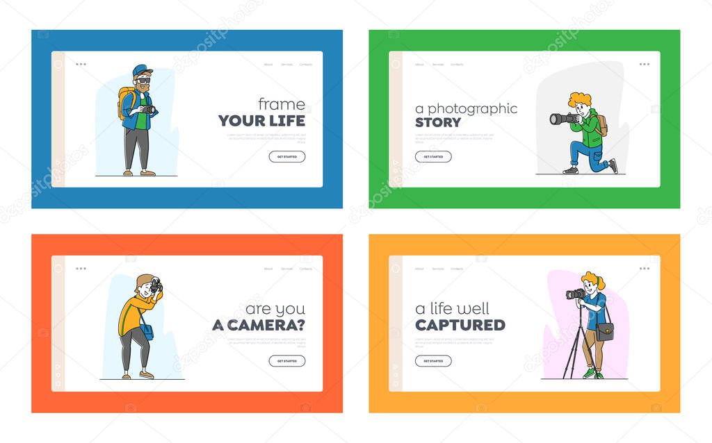 Photographers with Photo Camera Landing Page Template Set. Creative Profession or Occupation. Characters Take Shot