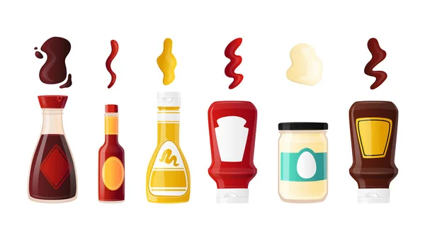 Set réalistes sauces bouteilles avec étiquettes vierges. Diverses vinaigrettes soja, chili chaud, mayonnaise et moutarde, ketchup aux tomates — Image vectorielle