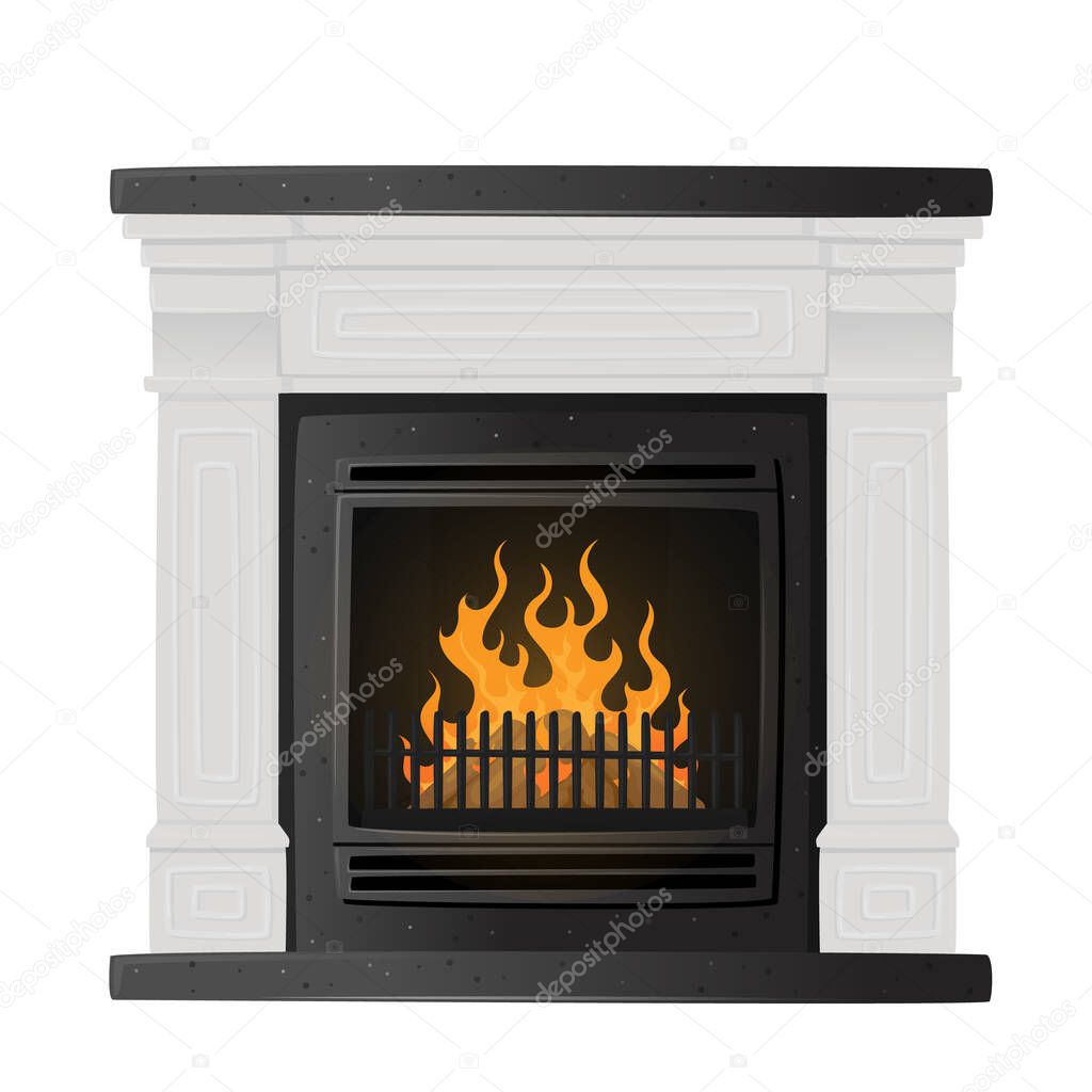 Classic Fireplace, Burning Stove With Fire Inside and Iron Grate Isolated on White Background, Indoors Traditional Heating System in Vintage Style, Household Decoration. Cartoon Vector Illustration
