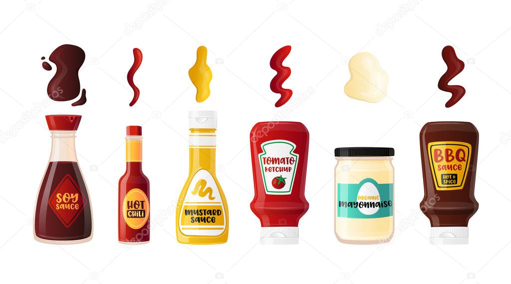 Set Realistic Bottles Sauces with Labels. Various Dressing BBQ, Soy, Hot Chili, Mayonnaise and Mustard with Tomato Ketchup Spicy Condiments with Spilled Strips. 3d Vector Illustration, Icons, Emblems