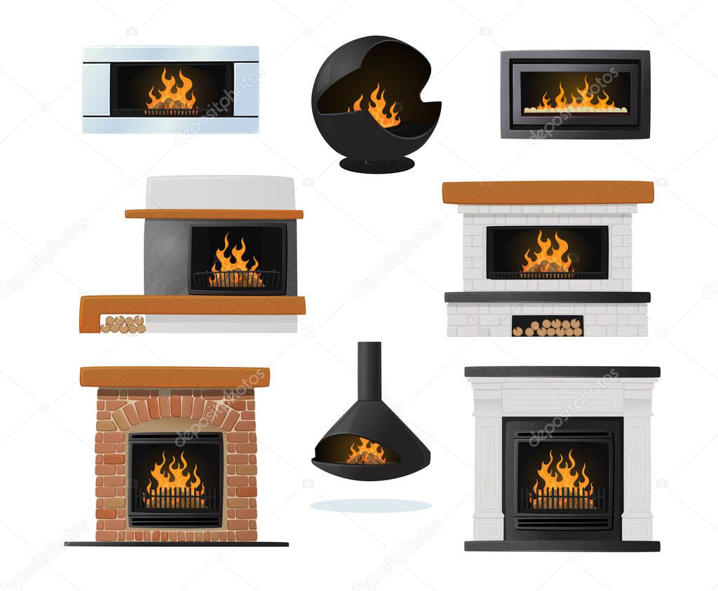 Set of Burning Fireplace of Various Design. Classic and Modern Stoves with Fire Inside, Isolated Heating System