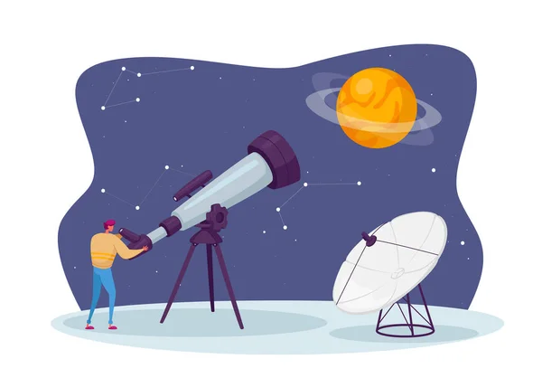 Astronomy Science, Male Character Watching on Space at Telescope Studying Cosmos (en inglés). Exploración del Universo, Investigación — Vector de stock