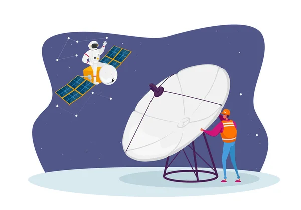 Astronomie Ingenieur Karakter Onderzoek Buitenruimte met Enorme Antenne, Astronaut Vliegen op Satelliet. Galaxy Onderzoek — Stockvector