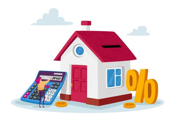 Concept d'achat d'hypothèques et de maisons. Caractère féminin minuscule avec une énorme calculatrice et un symbole en pourcentage à la maison avec des pièces d'or — Image vectorielle