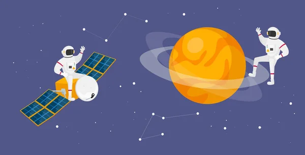 Personnages astronautes en costumes spatiaux volant dans l'espace avec satellite, étoiles et planète, cosmonautes dans l'univers — Image vectorielle
