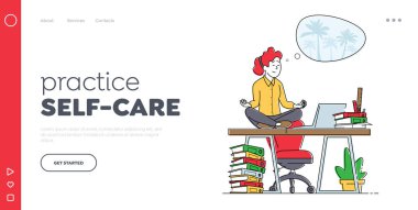 Deadline Landing Page Şablonu sırasında Dağınık Ofiste Sakin Çalışan Mola. İş yerinde Kadın Karakter İşçisi Meditasyon