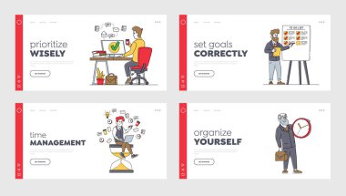 İş Karakterleri Zaman Yönetimi İniş Sayfa Şablonu Ayarlandı. Dev Saati, İş Çalışma Süreci Olan İnsanlar