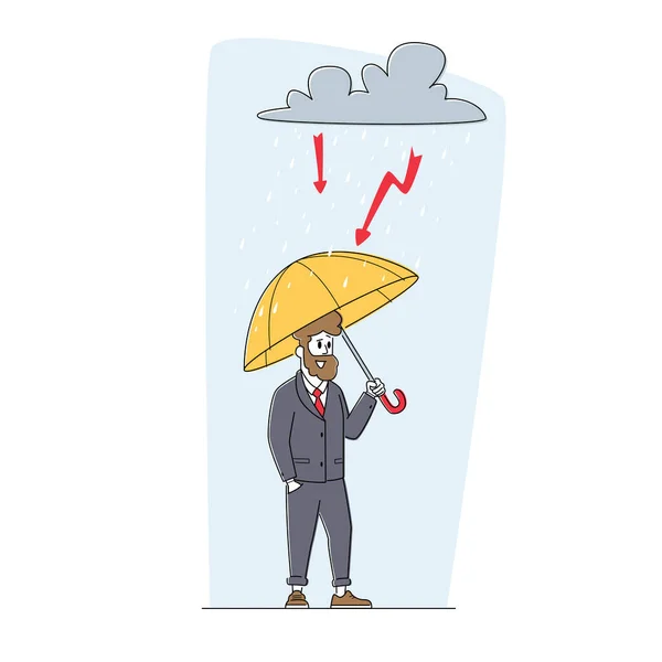 Geschäftsmann Schutz vor Krise, Sicherheit. Finanzschutz, Versicherung. Geschäftsmann mit Aktentasche unterm Regenschirm — Stockvektor