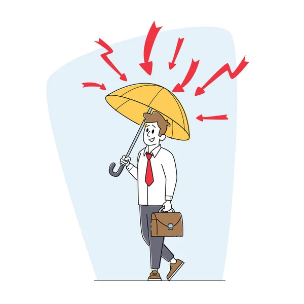 Businessman Character with Briefcase Stand under Umbrella Protecting of Flash Lightnings. Financial Protection, Security — Stock Vector