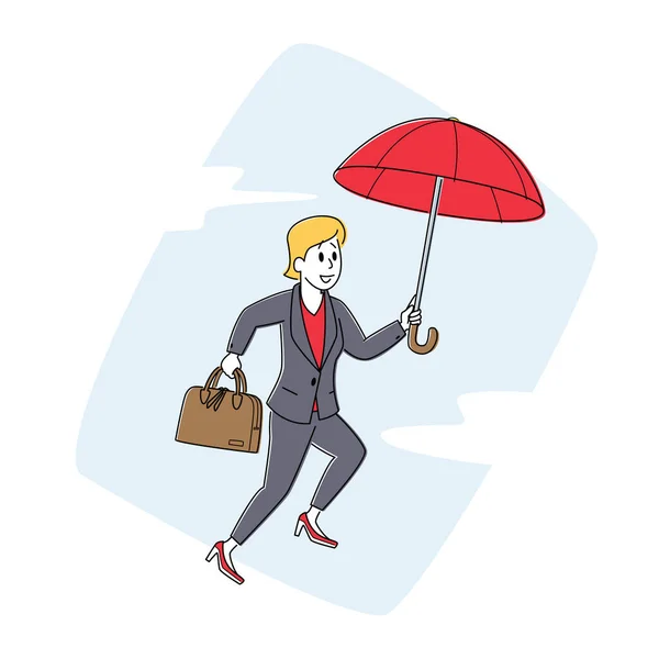 여성 사업가가 우산을 들고 하늘을 날아다닌다. 영향력 있는 캐릭터. 재정적 보호, 보험, 문제로부터의 보호책 — 스톡 벡터