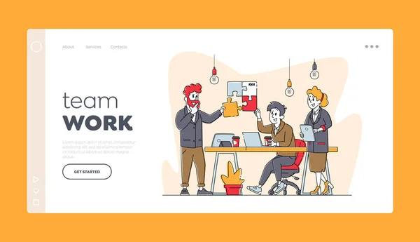 Geschäftscharaktere arbeiten zusammen und erstellen eine separate Puzzle-Landing-Page-Vorlage. Unternehmer Teamwork, Partnerschaft — Stockvektor