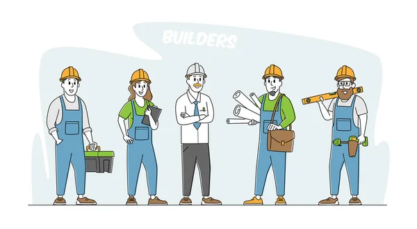 Construtor, Trabalhador Construtores em Capacetes. Engenheiro ou Foreman Personagens com ferramentas e plantas. Arquitetos com Plano —  Vetores de Stock