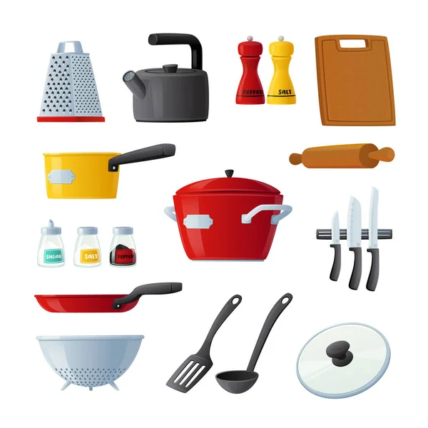 Set of Icons Kitchenware and Utensils Cooking Pan, Turner, Rolling Pin and Cutting Board, Kettle, Knives and Grater — стоковий вектор