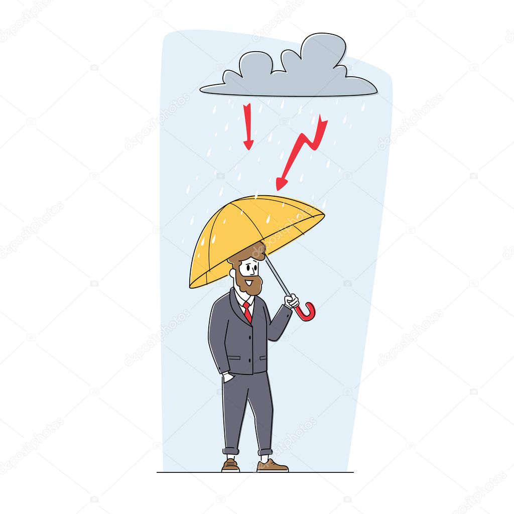Business Man Protect of Crisis, Safety. Financial Protection, Insurance. Businessman with Briefcase Stand under Umbrella