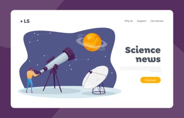 Astronomi Bilimi İniş Sayfa Şablonu. Teleskop Çalışması Kozmosunda Erkek Karakter İzleme. Evrenin Keşfi