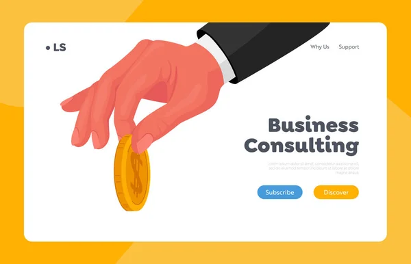 Businessman Giving Golden Coin Landing Page Template. Male Hand in Formal Wear Holding Gold Coin in Fingers, Charity — Stock Vector