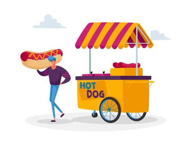 Man kauft Street Food, Junk Meal zum Mitnehmen aus einem fahrbaren Café oder Food Truck. Winzige Männchen mit riesigem Hot Dog am Stand — Stockvektor