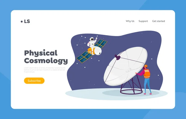 Galaxy Research, Exploration Landing Page Template. Astronomy Engineer Character Research Outer Space with Huge Antenna — Stock Vector