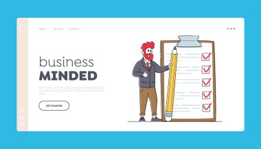 İş Adamı Planlama, Görev Çözümleri İniş Sayfası Şablonunu Sunar. İşadamı Karakteri Kontrol Listesinde Kalemle