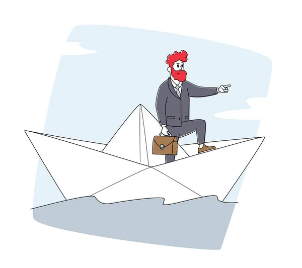 Businessman Character Stand on Paper Boat Stern Σημαδεύοντας με το δάχτυλο μπροστά. Κίνδυνος, Αναζήτηση Λύσης, Επίτευξη Στόχου — Διανυσματικό Αρχείο