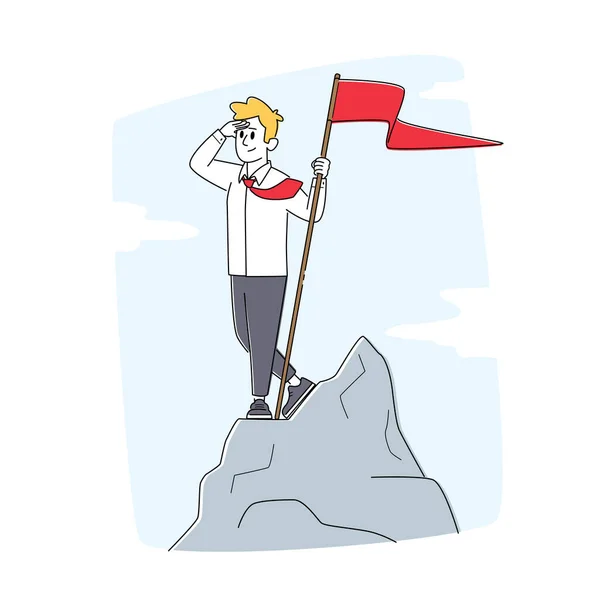 Úspěšný obchodní muž postava s červenou vlajkou v ruce stojí na vrcholu High Rock, cíl dosažení, finanční zisk — Stockový vektor