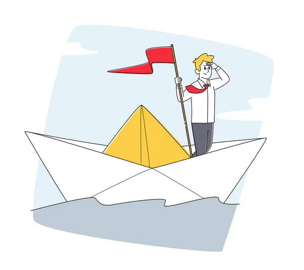 Karakter op Zeilboot in Oceaan. Zakenman met rode vlag Zeilpapier Schip in zee Op zoek in Verre, Planning Strategie — Stockvector